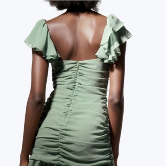 Zara Ruffled Ruched Flutter Off the Shoulder Mini Dress in Sage Light Green - Picture 14 of 15